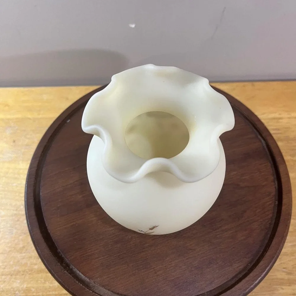 Vtg Fenton Custard Satin Glass Vase Hand Painted Floral D. Hill Ruffled Rim 7